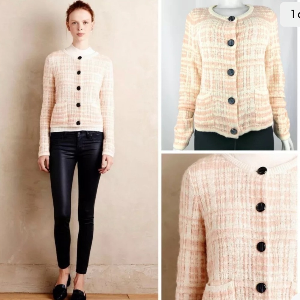 Anthropologie Knitted and Knotted Wool Boucle Cardigan Sweater Pink Small